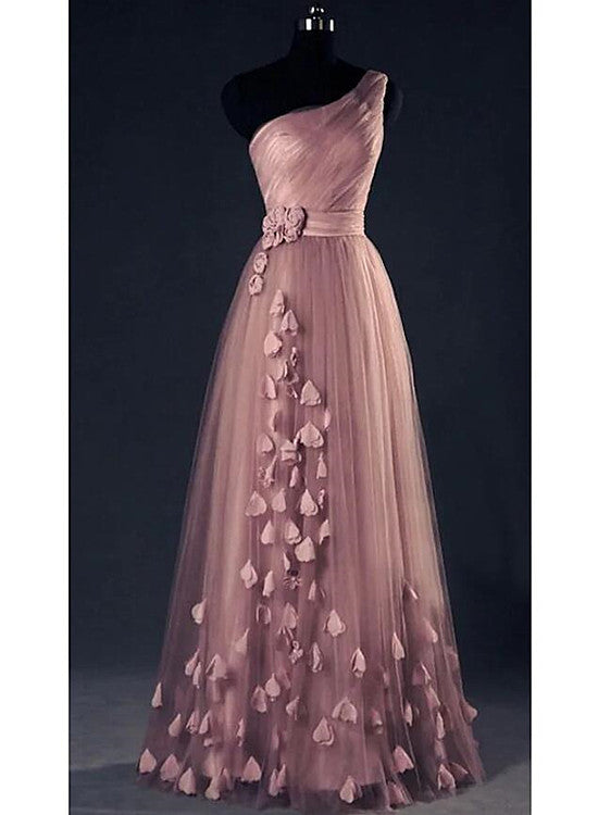Dark Pink One Shoulder Flowers Tulle Bridesmaid Dresses, A-line Pink Prom Dresses