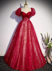 Wine Red Shiny Tulle Sweetheeart Puffy Prom Dress, Long Evening Gown