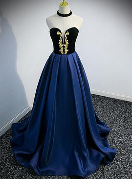 Beautiful Navy Blue Satin Halter Long Party Dress, Satin with Velvet Prom Dress