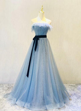 Beautiful Blue Tulle Shiny Long Party Dress with Belt, A-line Blue Formal Dresses