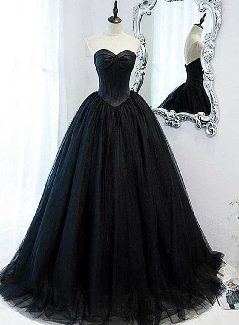 Black Sweetheart Tulle Long Evening Dress, Black Sweet 16 Gowns