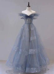 Cute Sweetheart Off Shoulder Layers Tulle Long Evening Dress, Blue Formal Dress