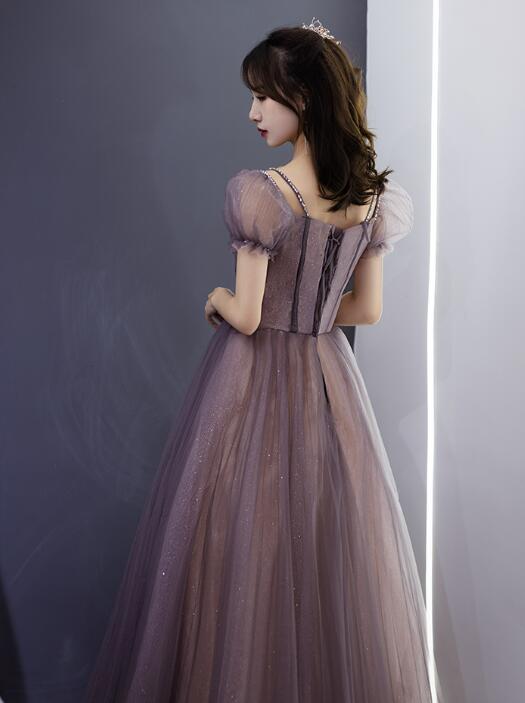 Beautiful Long Tulle Short Sleeves Beaded Junior Prom Dress, A-line Evening Dresses