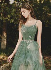 Green Lovely Tulle Straps Long Simple Prom Dress, Green Evening Dress