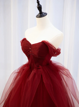 Burgundy Sweetheart Ball Gown Tulle with Beaded Prom Dress, Burgundy Party Dress