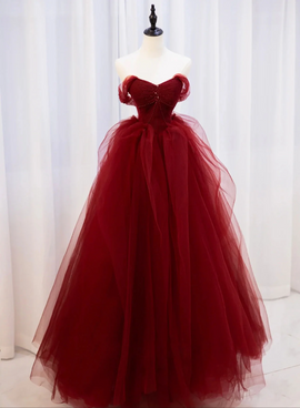 Burgundy Sweetheart Ball Gown Tulle with Beaded Prom Dress, Burgundy Party Dress
