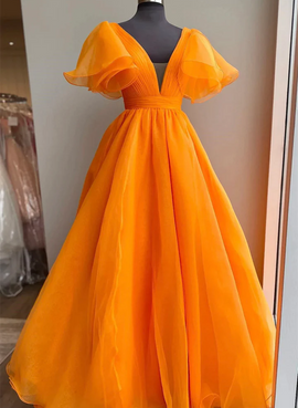 Orange V-neckline Puffy Sleeves Long Party Dress, A-line Organza Prom Dress