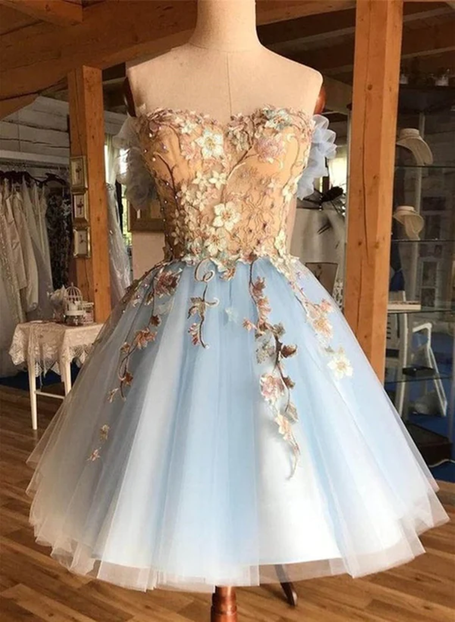 Light Blue Tulle with Flowers Short Party Dress, Blue Homecoming Dress Prom Dress