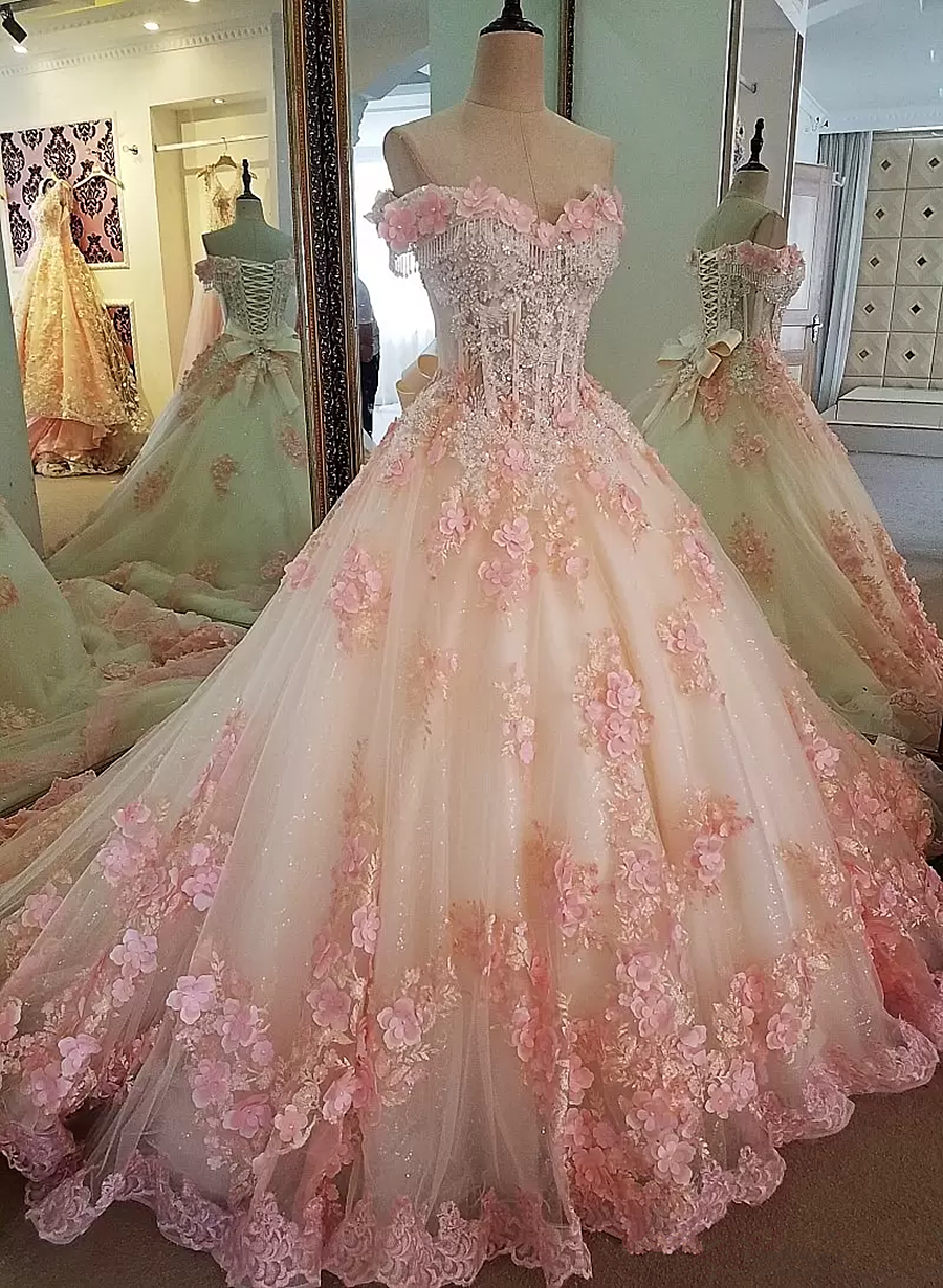 Pink Tulle Flowers Ball Gown Beaded Long Formal Dress, Pink Sweet 16 Dresses
