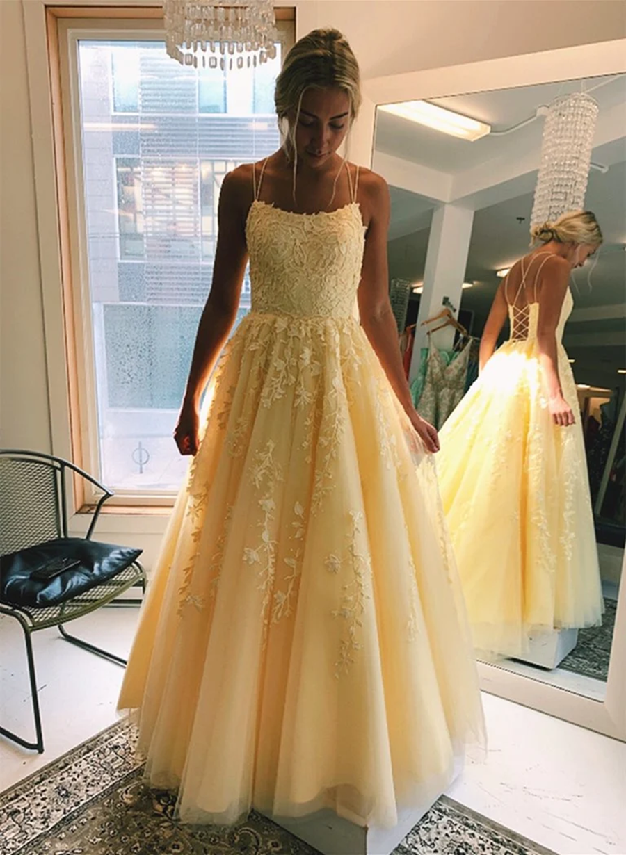 Light Yellow Lace-up Tulle with Lace Party Dress, A-line Yellow Formal Dress Prom Dress