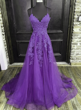 V-neckline Purple A-line Straps Long Prom Dress, Purple Long Evening Dress Party Dress