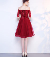 Beautiful Wine Red Lace and Tulle Short Sleeves Party Dress, Dark Red Homecoming Dress