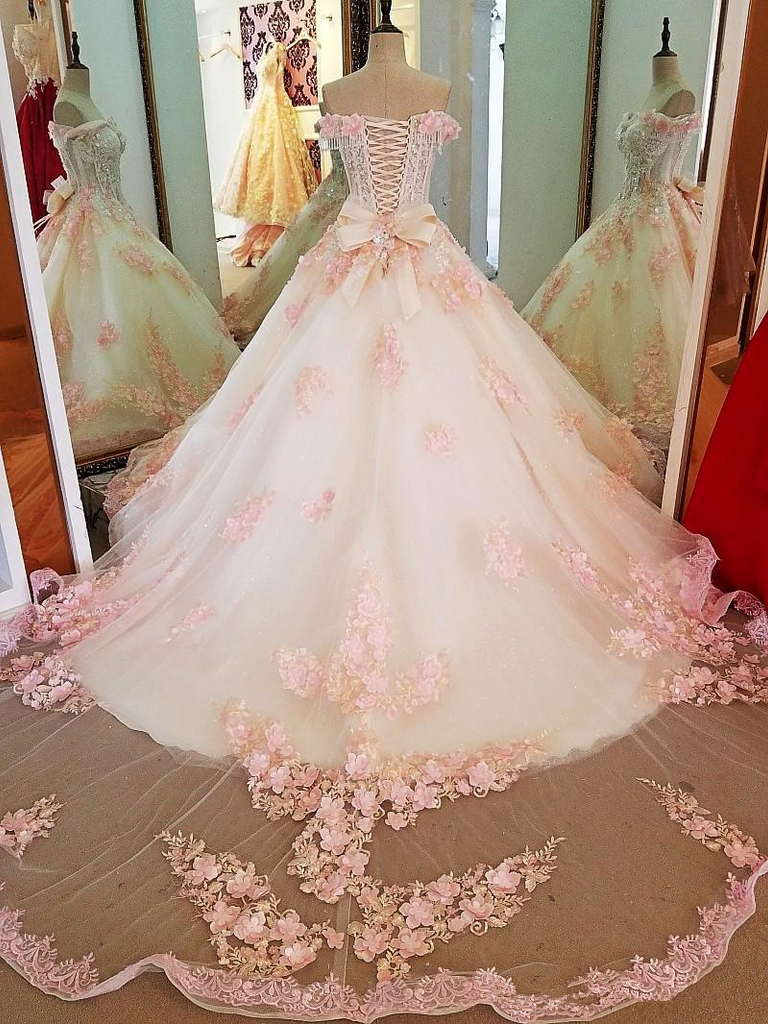 Pink Tulle Flowers Ball Gown Beaded Long Formal Dress, Pink Sweet 16 D ...