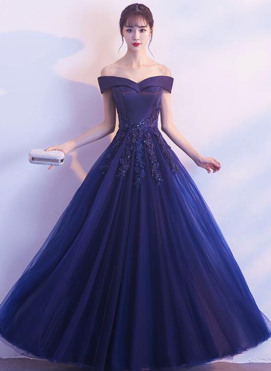 Navy Blue Stain Top with Tulle Skirt Off Shoulder Long Formal Dress, Blue Party Gowns, Prom Dress