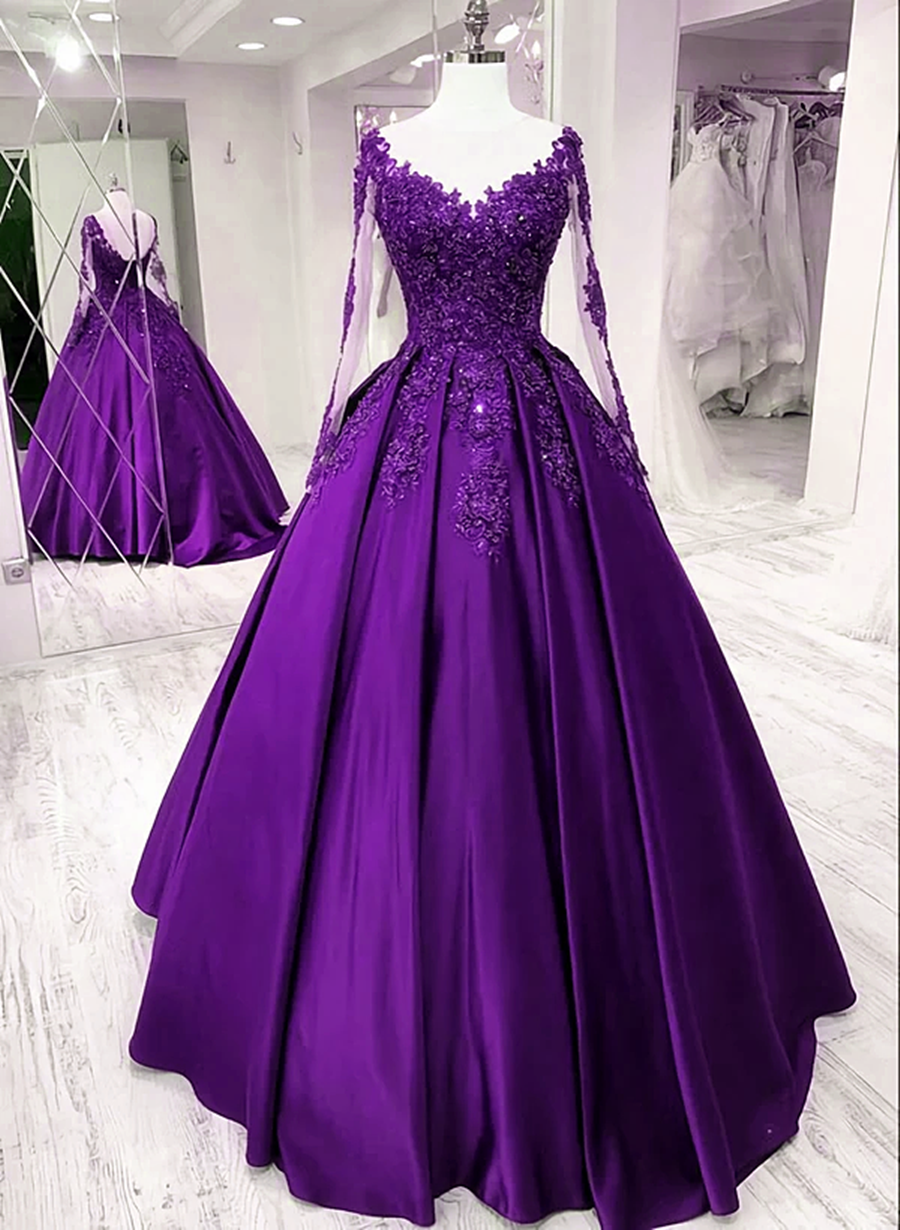 Purple Satin Long Sleeves Prom Dress Formal Dress, Lace Applique Sweet 16 Dress