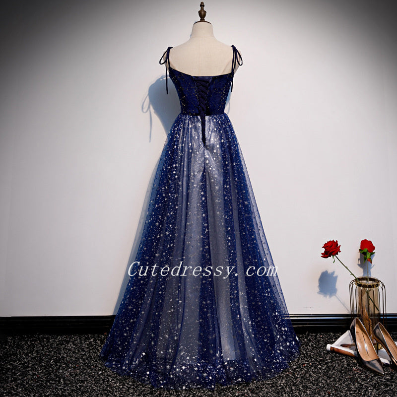 Shiny Blue Tulle with Velvet Top Long Evening Dress, Blue Formal Dress Cutedressy Shiny Blue Tulle with Velvet Top Long Evening Dress, Blue Formal Dress Cutedressy