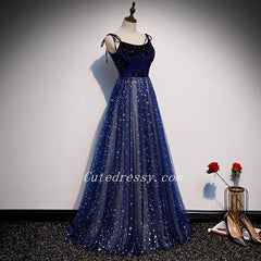 Shiny Blue Tulle with Velvet Top Long Evening Dress, Blue Formal Dresses Party Dresses