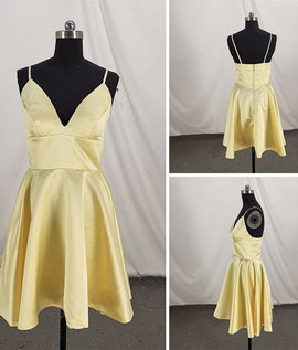 Cute Satin Straps Knee Length Party Dress, Light Yellow Homecoming Dress