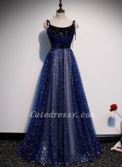 Shiny Blue Tulle with Velvet Top Long Evening Dress, Blue Formal Dresses Party Dresses