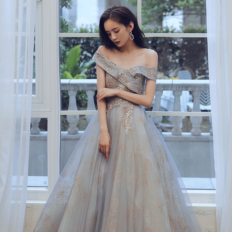 Glam Off Shoulder Shiny Lace and Tulle Long Party Dress, A-line Evenin Cutedressy Glam Off Shoulder Shiny Lace and Tulle Long Party Dress, A-line Evenin Cutedressy