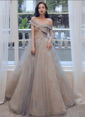 Glam Off Shoulder Shiny Lace and Tulle Long Party Dress, A-line Evening Dresses Prom Dress