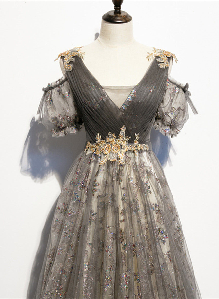Grey Purple V-neckline Tulle with Lace Prom Dress, Off Shoulder A-line Cutedressy Grey Purple V-neckline Tulle with Lace Prom Dress, Off Shoulder A-line Cutedressy