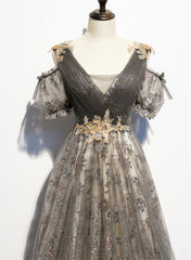 Grey Purple V-neckline Tulle with Lace Prom Dress, Off Shoulder A-line Cutedressy Grey Purple V-neckline Tulle with Lace Prom Dress, Off Shoulder A-line Cutedressy