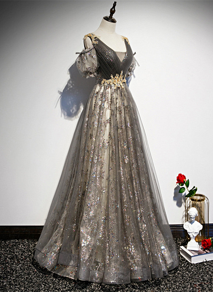 Grey Purple V-neckline Tulle with Lace Prom Dress, Off Shoulder A