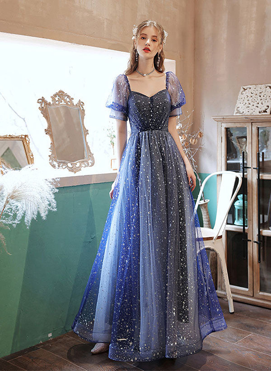 Blue A-line Tulle Prom Dress Party Dress, Short Sleeves Long Formal Dr – Cutedressy