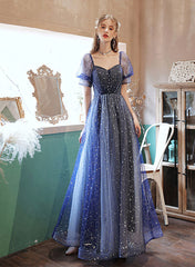 Blue A-line Tulle Prom Dress Party Dress, Short Sleeves Long Formal Dress