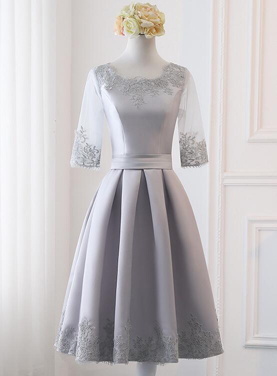 Grey Simple Knee Length Satin Short Sleeves Party Dress, Wedding Party Dress