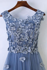 Blue Tulle Round Neckline Floor Length with Flowers Applique, Beautiful Evening Gown