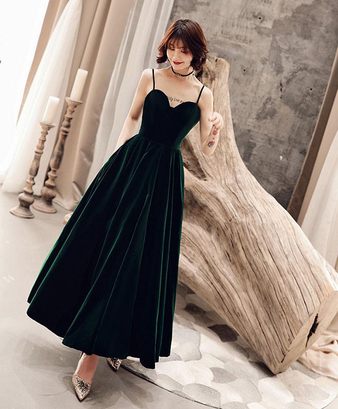 Dark Green V Back Long Velvet Elegant Party Dress, A-line Straps Bride Cutedressy Dark Green V Back Long Velvet Elegant Party Dress, A-line Straps Bride Cutedressy