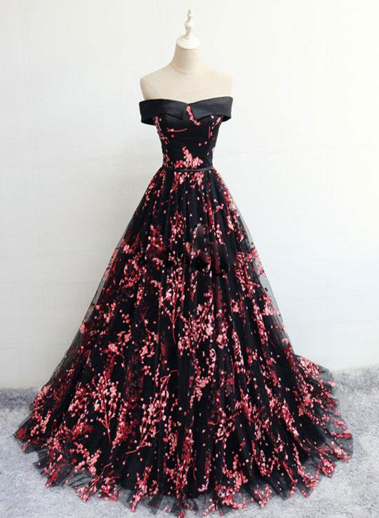 Black Tulle Off Shoulder Flowers Elegant Lace-up Evening Party Gown, Black Formal Dress 
