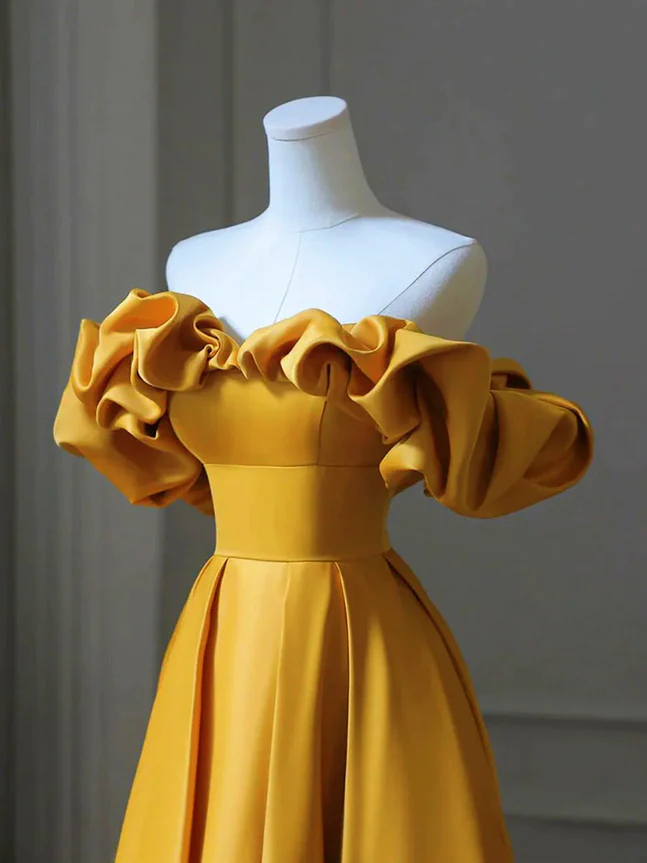 Gold Satin Off Shoulder Long Evening Dress, Gold Satin Prom Dress