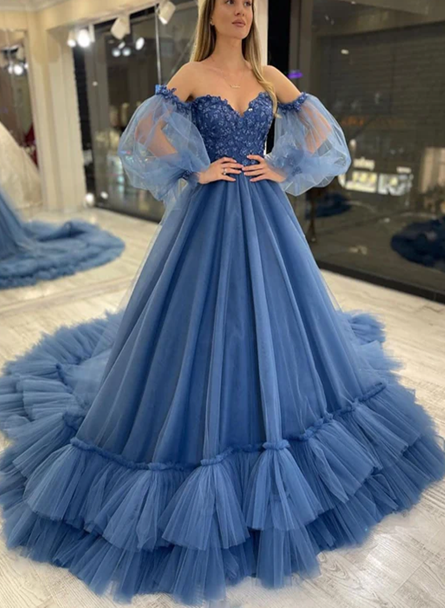Blue Puffy Sleeves Sweetheart Tulle with Lace Party Dress, Blue Long Formal Dress