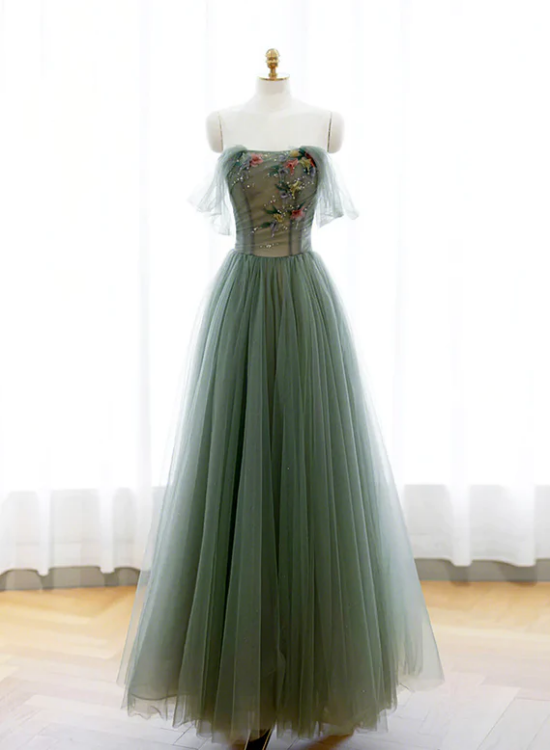 Light Green Sweetheart A-line Prom Dress, Green Long Party Dress with Lace Applique