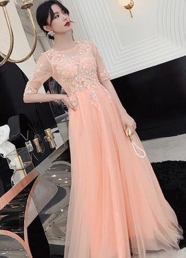 Beautiful Pink Short Sleeves Lace Long Party Dress, New Formal Gown