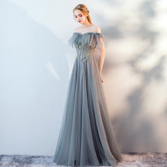 Pretty Gre Grey Off Shoulder Tulle Long Evening Dress Prom Dress, A-line Tulle Wedding Party Dresses