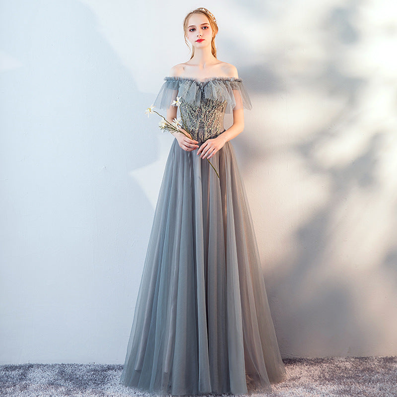 Pretty Gre Grey Off Shoulder Tulle Long Evening Dress Prom Dress, A-line Tulle Wedding Party Dresses