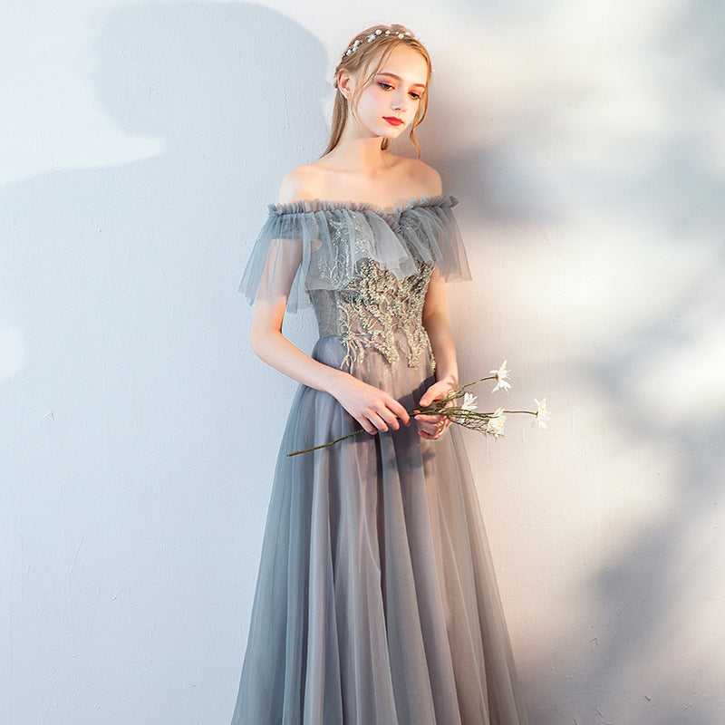 Grey Off Shoulder Lace and Tulle Long Evening Dresses Party Dresses, Off Shoulder Prom Dresses