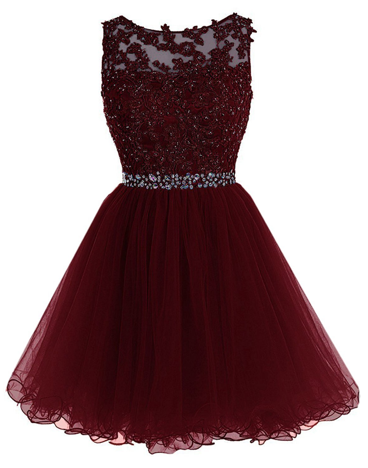Maroon Tulle Lace and Beaded Homecoming Dress, Lovely Blue Formal Dress