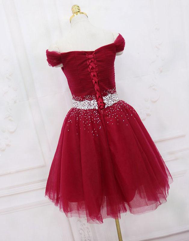 red off the shoulder knee length dress Wine Red Off Shoulder Chic Sweetheart Tea Length Party Dress,velvet Evening Dress