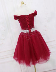 Dark Red Off Shoulder Knee Length Tulle Homecoming Dress, Wine Red Cute Party Dress