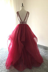 Beautiful Tulle Burgundy Long Layered Prom Gowns, Junior Party Dress, Prom Dress