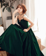 Dark Green V Back Long Velvet Elegant Party Dress, A-line Straps Bridesmaid Dress