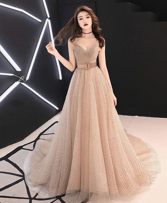 Champagne Tulle Straps Long Prom Gown, Beautiful Lace-up Party Dress