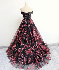 Black Tulle Off Shoulder Flowers Elegant Lace-up Evening Party Gown, Black Formal Dress