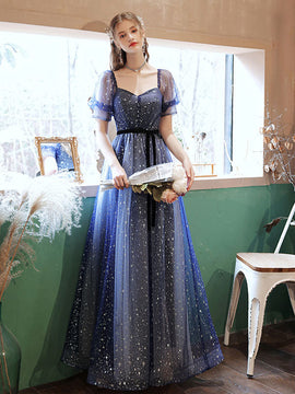 Blue A-line Tulle Prom Dress Party Dress, Short Sleeves Long Formal Dress