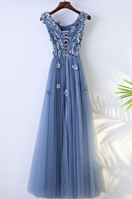Chic Blue Tulle Scoop Neckline Full-length Bridesmaid Dress, Blue Lace Applique Party Dress
